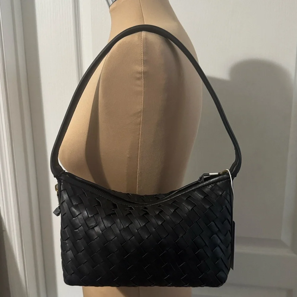 WALTER BAKER Leather Hazel Hand Woven Shoulder Bag Black